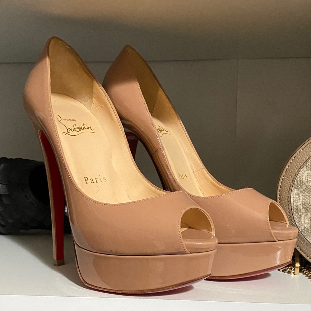 Christian Louboutin Beige Peep Toe Platform Heels